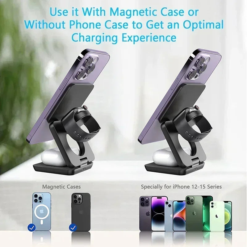 3-in-1 faltbarer magnetischer kabelloser Ladeständer für iPhone 15 14 13 12 Pro Max iWatch 10 9 AirPods Schnellladestationshalter