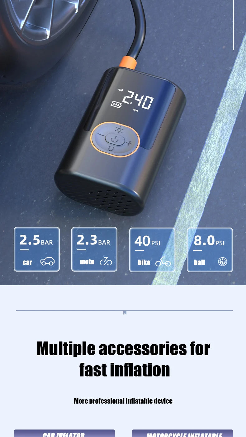 Drahtlose Auto-Luftkompressor-Luftpumpe, Digitalanzeige, elektrische Reifenfüllpumpe für Motorrad, Fahrrad, Auto-Reifen mit Beleuchtung