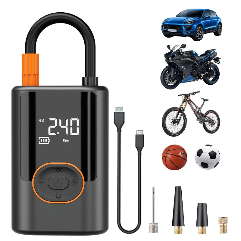 Drahtlose Auto-Luftkompressor-Luftpumpe, Digitalanzeige, elektrische Reifenfüllpumpe für Motorrad, Fahrrad, Auto-Reifen mit Beleuchtung