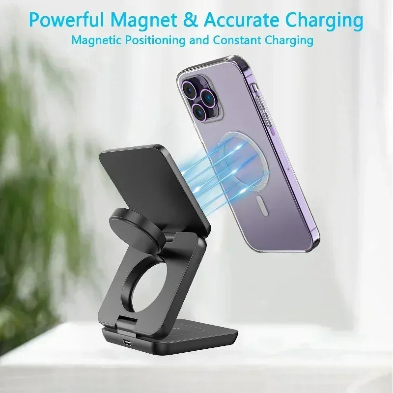 3-in-1 faltbarer magnetischer kabelloser Ladeständer für iPhone 15 14 13 12 Pro Max iWatch 10 9 AirPods Schnellladestationshalter