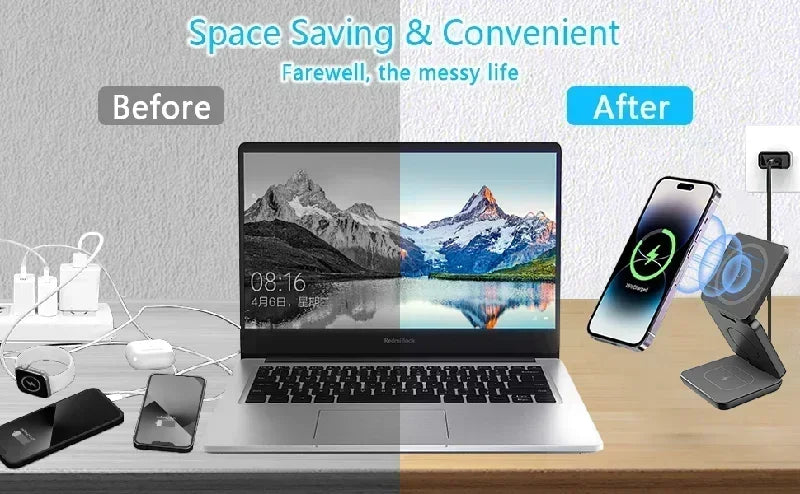 3-in-1 faltbarer magnetischer kabelloser Ladeständer für iPhone 15 14 13 12 Pro Max iWatch 10 9 AirPods Schnellladestationshalter