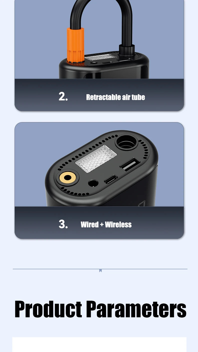 Drahtlose Auto-Luftkompressor-Luftpumpe, Digitalanzeige, elektrische Reifenfüllpumpe für Motorrad, Fahrrad, Auto-Reifen mit Beleuchtung