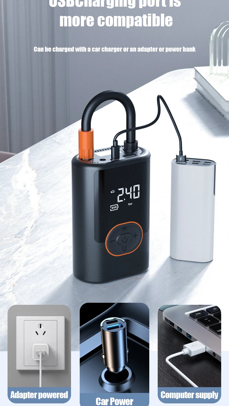 Drahtlose Auto-Luftkompressor-Luftpumpe, Digitalanzeige, elektrische Reifenfüllpumpe für Motorrad, Fahrrad, Auto-Reifen mit Beleuchtung