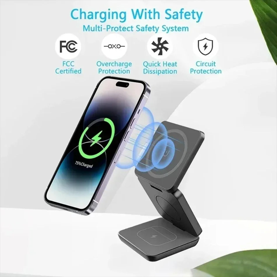 3-in-1 faltbarer magnetischer kabelloser Ladeständer für iPhone 15 14 13 12 Pro Max iWatch 10 9 AirPods Schnellladestationshalter