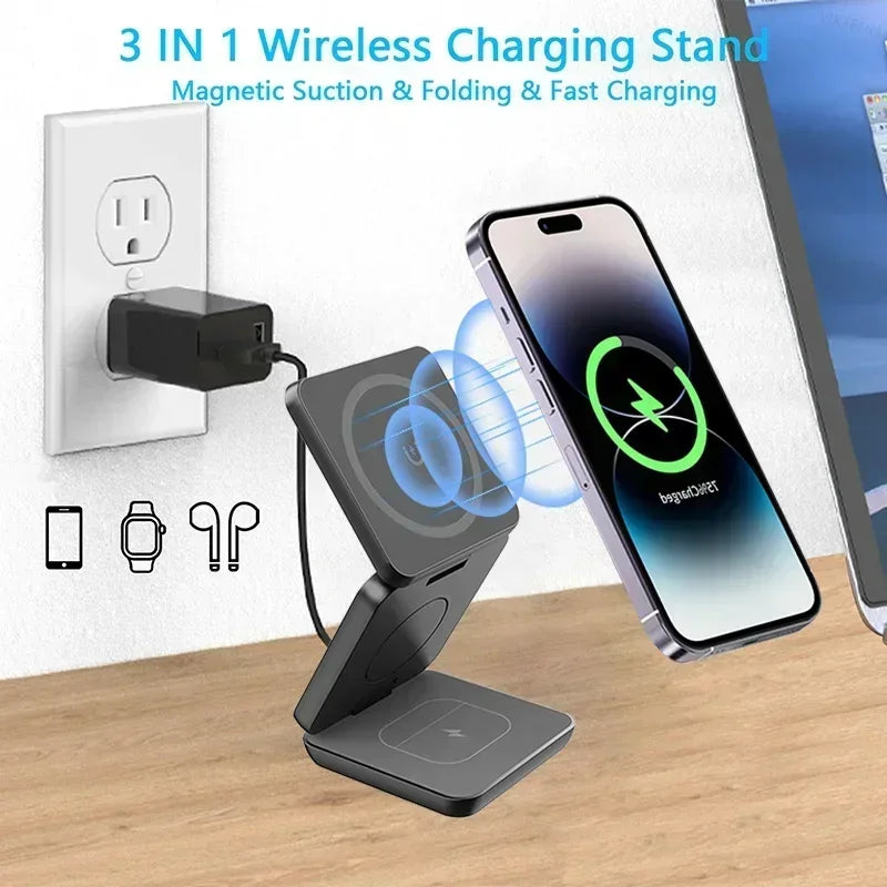 3-in-1 faltbarer magnetischer kabelloser Ladeständer für iPhone 15 14 13 12 Pro Max iWatch 10 9 AirPods Schnellladestationshalter