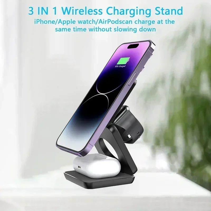 3-in-1 faltbarer magnetischer kabelloser Ladeständer für iPhone 15 14 13 12 Pro Max iWatch 10 9 AirPods Schnellladestationshalter