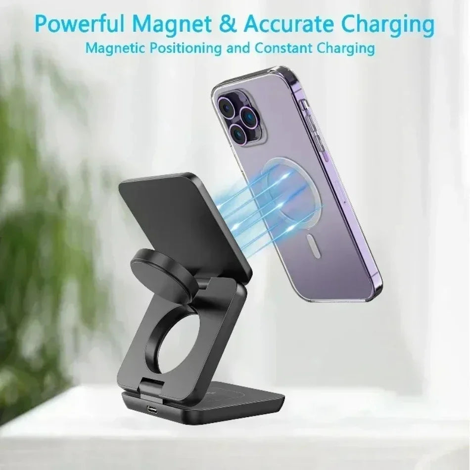 3-in-1 faltbarer magnetischer kabelloser Ladeständer für iPhone 15 14 13 12 Pro Max iWatch 10 9 AirPods Schnellladestationshalter