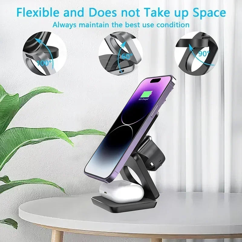 3-in-1 faltbarer magnetischer kabelloser Ladeständer für iPhone 15 14 13 12 Pro Max iWatch 10 9 AirPods Schnellladestationshalter