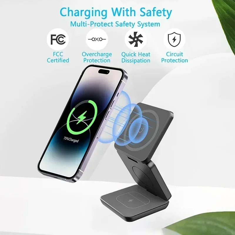 3-in-1 faltbarer magnetischer kabelloser Ladeständer für iPhone 15 14 13 12 Pro Max iWatch 10 9 AirPods Schnellladestationshalter