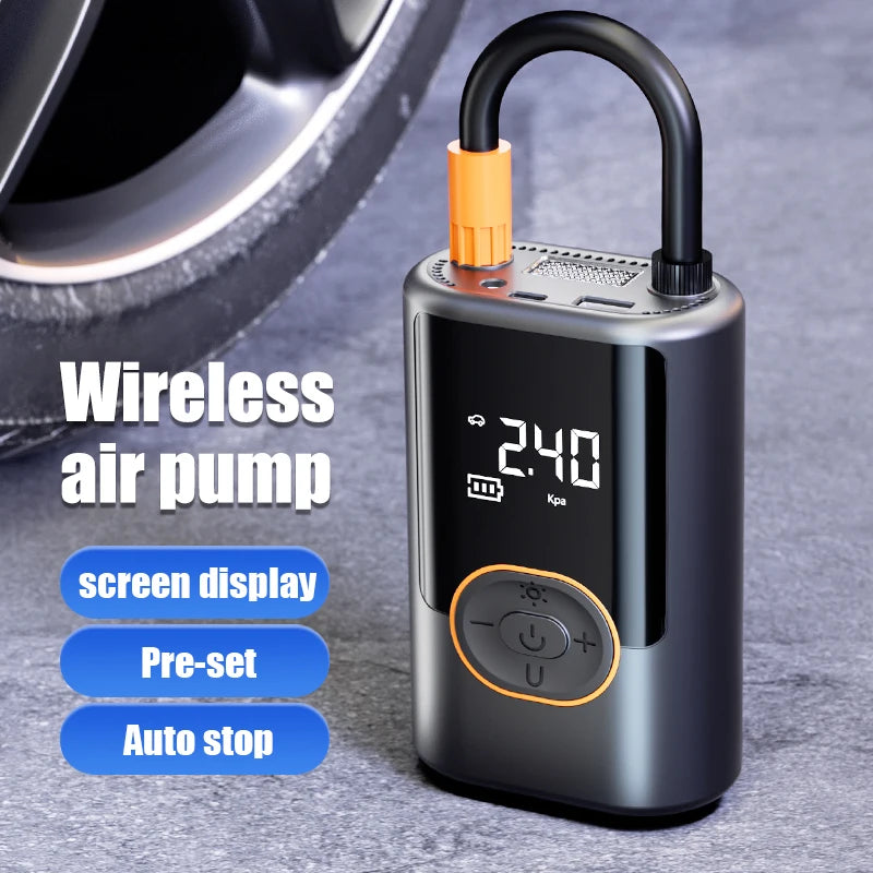 Drahtlose Auto-Luftkompressor-Luftpumpe, Digitalanzeige, elektrische Reifenfüllpumpe für Motorrad, Fahrrad, Auto-Reifen mit Beleuchtung