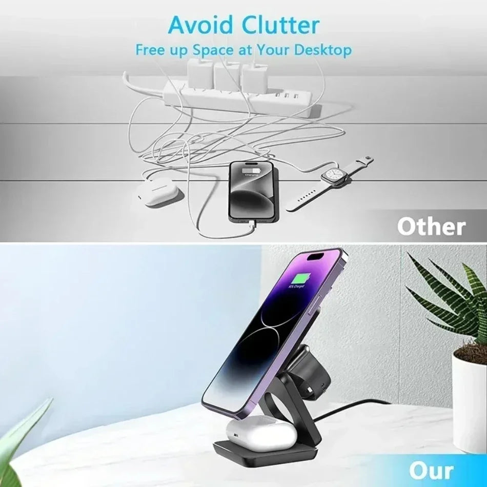 3-in-1 faltbarer magnetischer kabelloser Ladeständer für iPhone 15 14 13 12 Pro Max iWatch 10 9 AirPods Schnellladestationshalter